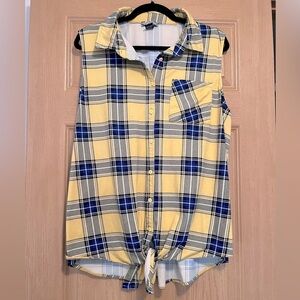 Belle Tweed Yellow and Blue Button Up Plaid Tank Top Front Pocket Preppy Plus 1X